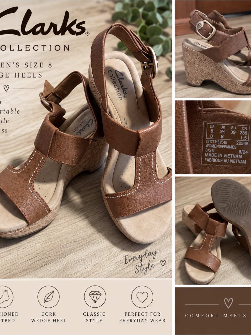 Clarks Brown Cork Wedge Sandals with Ankle Strap